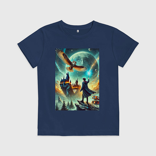 Детская футболка Harry Potter and owl - Hogwarts / Тёмно-синий – фото 1