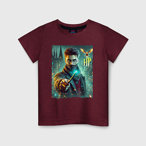 Детская футболка Harry Potter with a magic wand - ai art fantasy / Меланж-бордовый – фото 1