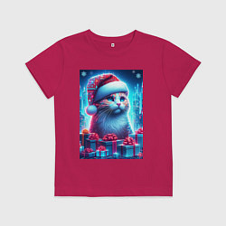 Футболка хлопковая детская Новогодний котик среди подарков, цвет: маджента