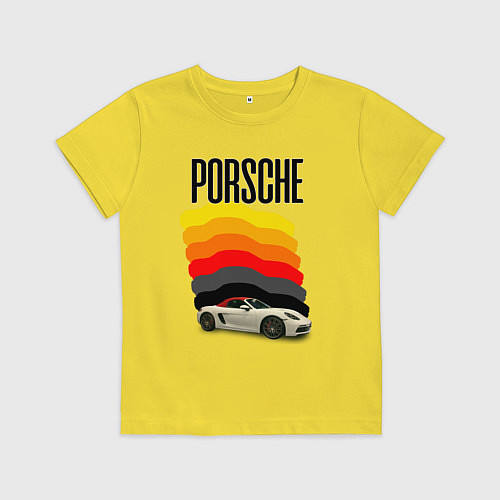 Детская футболка Автомобиль Porsche на фоне флага ФРГ / Желтый – фото 1