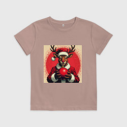 Футболка хлопковая детская Рождественский олень Рудольф в шапке Санты, цвет: пыльно-розовый