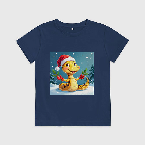 Детская футболка Символ 2025 нового года змея в шаке Санты / Тёмно-синий – фото 1