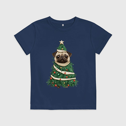 Детская футболка Новогодняя елка мопс / Тёмно-синий – фото 1