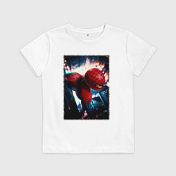 Футболка хлопковая детская Человек паук над ночным городом, цвет: белый