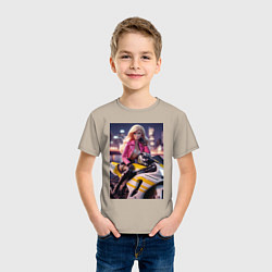 Футболка хлопковая детская Barbie on a Kawasaki sports motorcycle, цвет: миндальный — фото 2