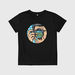 Футболка хлопковая детская Фотограф путешественник, цвет: черный