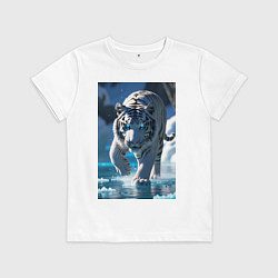 Футболка хлопковая детская Белоснежный тигр крадется по льду, цвет: белый
