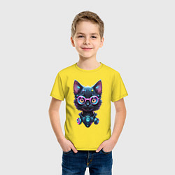 Футболка хлопковая детская Прикольный котёнок - киберпанк, цвет: желтый — фото 2