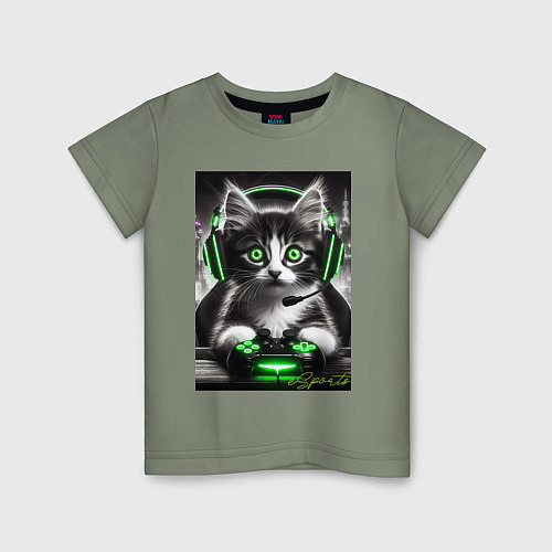 Детская футболка Котёнок командный геймер - киберспорт / Авокадо – фото 1