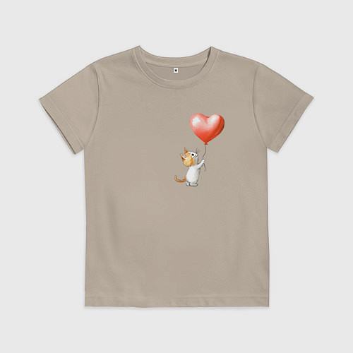 Детская футболка Котик с шариком сердцем / Миндальный – фото 1