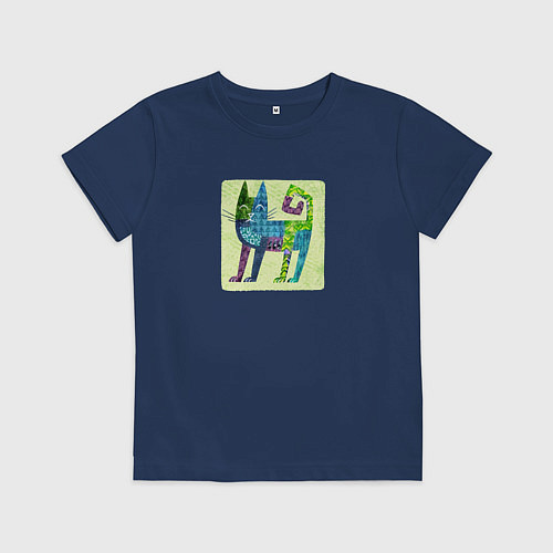 Детская футболка Декоративный кот в орнаментах на желтом / Тёмно-синий – фото 1