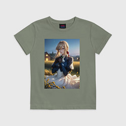 Футболка хлопковая детская Вайолет Эвергарден на лугу, цвет: авокадо
