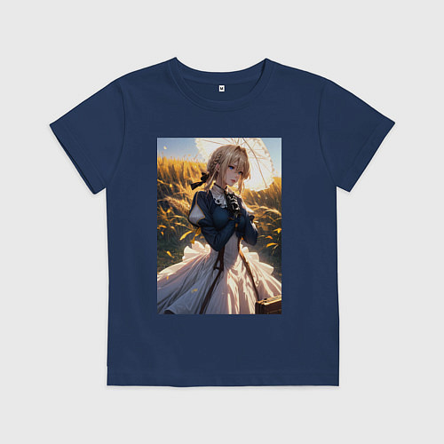 Детская футболка Вайолет Эвергарден на поле пшеницы / Тёмно-синий – фото 1