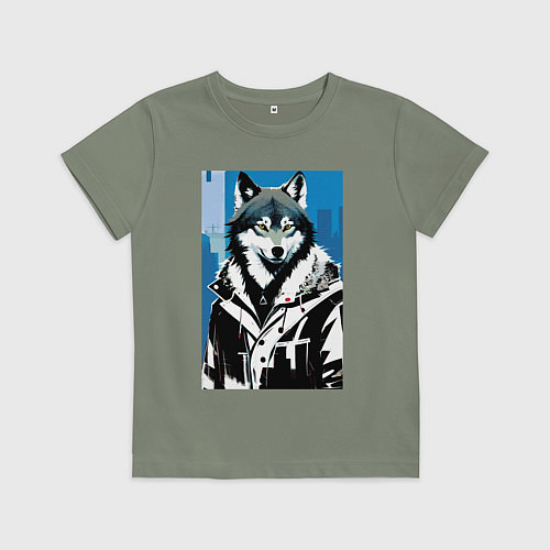 Детская футболка Волк в мегаполисе - нейроарт / Авокадо – фото 1