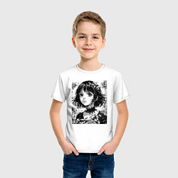 Футболка хлопковая детская Аниме девушка портрет черно-белый, цвет: белый — фото 2