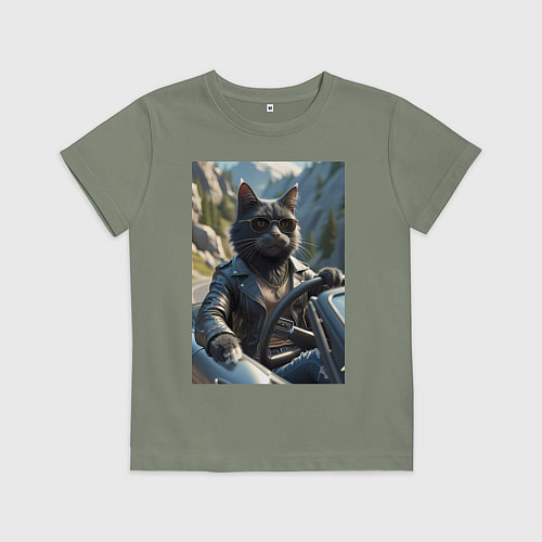 Детская футболка Кот за рулем кабролета / Авокадо – фото 1