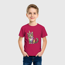 Футболка хлопковая детская Праздничный котик в колпаке единорога, цвет: маджента — фото 2