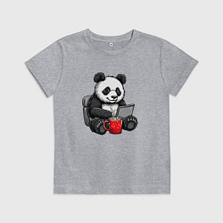 Футболка хлопковая детская Панда с кофе за ноутбуком, цвет: меланж