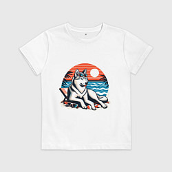 Футболка хлопковая детская Хаски отдыхает на пляже, цвет: белый