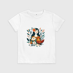 Футболка хлопковая детская Девушка и курица в окружении цветов, цвет: белый