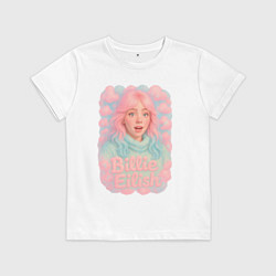 Футболка хлопковая детская Билли Айлиш в розовыми волосами, цвет: белый