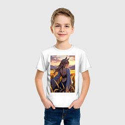 Футболка хлопковая детская Девушка-волчица посреди поля пшеницы, цвет: белый — фото 2
