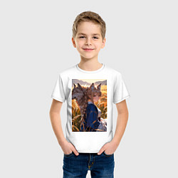 Футболка хлопковая детская Девушка-волчица посреди поля пшеницы, цвет: белый — фото 2