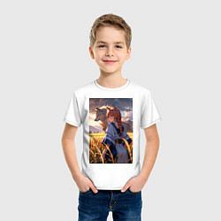 Футболка хлопковая детская Девушка-волчица посреди поля пшеницы, цвет: белый — фото 2