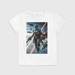 Футболка хлопковая детская Девушка-мандалорец в космосе, цвет: белый