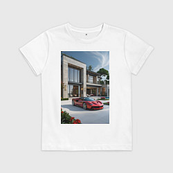 Футболка хлопковая детская Красный суперкар у дома, цвет: белый