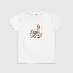 Футболка хлопковая детская Лама с сердечками и цветами, цвет: белый