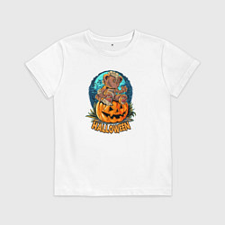 Футболка хлопковая детская Мишка на тыкве, цвет: белый