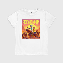 Футболка хлопковая детская Рик и Морти на ржавом ретро мотоцикле в пустыне, цвет: белый