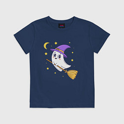 Футболка хлопковая детская Хэллоуин, привидение на метле, луна, цвет: тёмно-синий