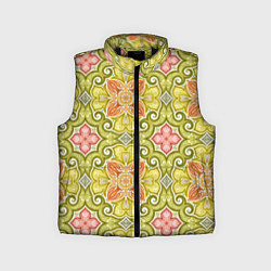 Детский жилет Зеленые узоры и оранжевые цветы, цвет: 3D-черный