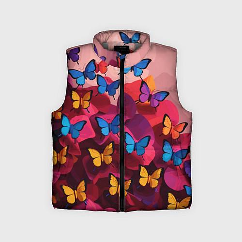 Детский жилет Разноцветные бабочки - розовые цветы / 3D-Светло-серый – фото 1