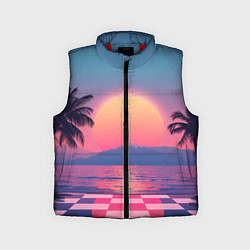 Детский жилет Пальмы на шахматном полу с видом на закат, цвет: 3D-красный