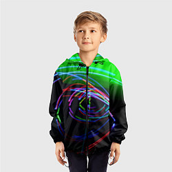 Ветровка с капюшоном детская Неоновые абстрактные волнообразные огни - Зелёный, цвет: 3D-черный — фото 2