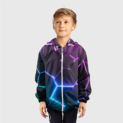 Ветровка с капюшоном детская Фиолетовый градиент - неоновые геометрические плит, цвет: 3D-белый — фото 2