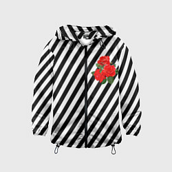 Ветровка с капюшоном детская Черно-белые полоски с букетом роз, цвет: 3D-черный