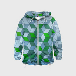 Ветровка с капюшоном детская Зелёные и серые абстрактные кубы с оптической иллю, цвет: 3D-белый