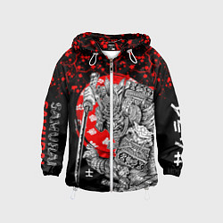 Ветровка с капюшоном детская Самурай и сакура на черном фоне, цвет: 3D-белый