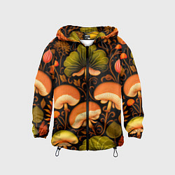 Ветровка с капюшоном детская Грибы с листвой узор, цвет: 3D-черный