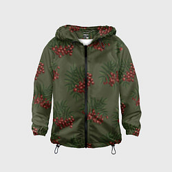 Ветровка с капюшоном детская Рябина на зеленом - паттерн, цвет: 3D-черный