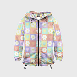 Ветровка с капюшоном детская Сердечки и цветочки в пастельных квадратах, цвет: 3D-черный