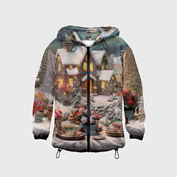 Ветровка с капюшоном детская Объемные новогодние домики, цвет: 3D-черный