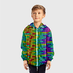 Ветровка с капюшоном детская Разноцветные квадраты на чёрном фоне, цвет: 3D-белый — фото 2
