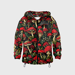 Ветровка с капюшоном детская Лесные красные грибы мухоморы - паттерн, цвет: 3D-черный
