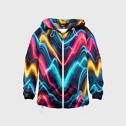 Ветровка с капюшоном детская Хаотичные неоновые полосы - абстракция, цвет: 3D-белый