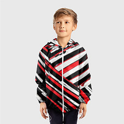 Ветровка с капюшоном детская Красно-белые диагональные полосы на чёрном фоне, цвет: 3D-белый — фото 2